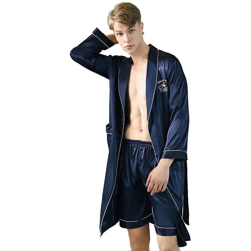 

Long Sleeve Kimono Luxurious Mens Solid Silk Satin Robe with Shorts Trousers