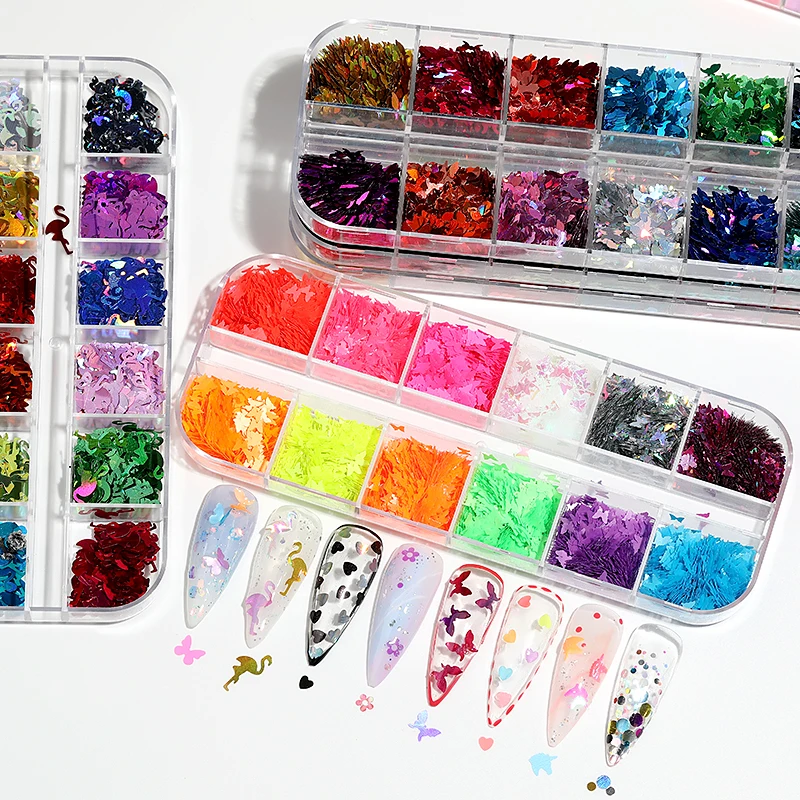 

12 colors/box glow in the dark nail art butterfly 3d holographic sequin Love flower glitter nail design art decoration