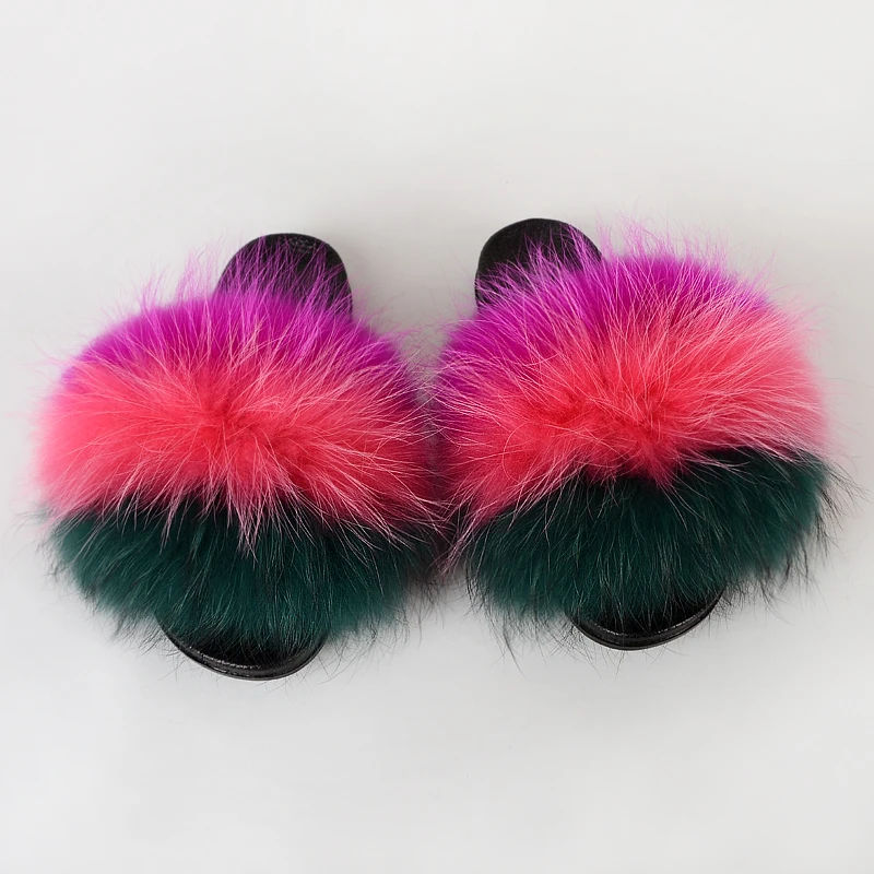 

Jtfur Factory Direct Sale Women Fashion Rainbow Shoes Fur Slides Natural Furry Girls Fur Lined Slippers, Customized color