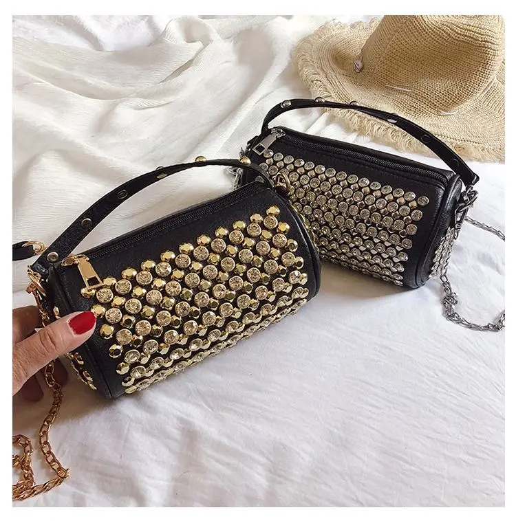

B10125 Female Korea Diamond Sling Bag Girls Leather Rhinestone Chain Shoulder Fashion Purse 2019, 2 colors as pics