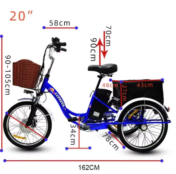 Adult 3 Wheel Electric Tricycle Lithium Battery 12A 350W 24 Inch Pull Basket 7-Speed Carbon Steel Frame Disc Brakes Front Hub