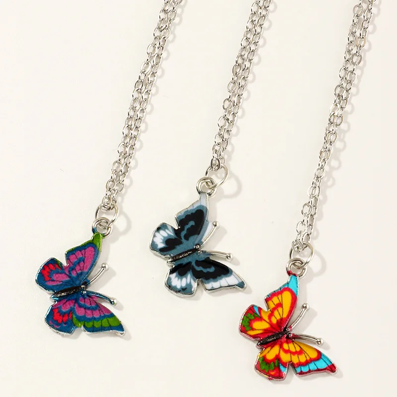 

European Vintage Design Multi Color Butterfly Pendant Necklace Oil Dripping Animal Butterfly Necklace For Girls