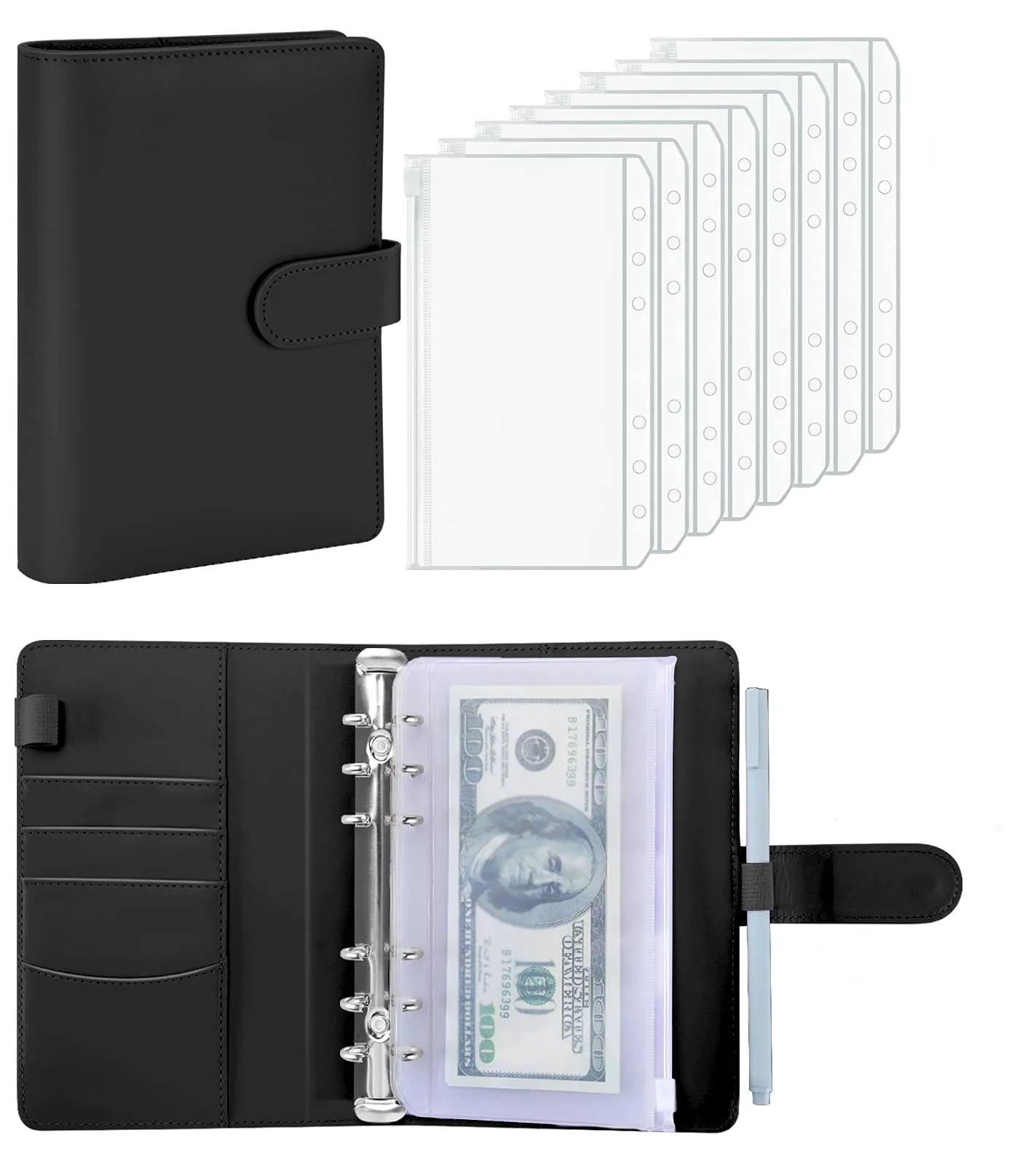 

A6 PU Leather Binder Budget Planner Organizer 6 Ring Cover 8Pcs Pockets Money Saving Binder for Budgeting