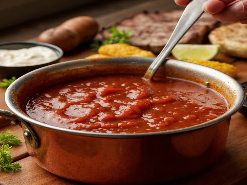 Homemade barbecue sauce simmering in copper pot