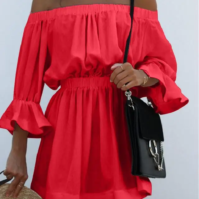 

2021 Fashion Elegant Off-shoulder New Solid Color Ladies Dress, Picture color