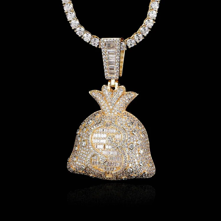 

GZYS JEWELRY Wholesale Good Quality Hip Hop Dollar Pendant Gold Plated Iced Out Money Bag Pendant with Tennis Chain