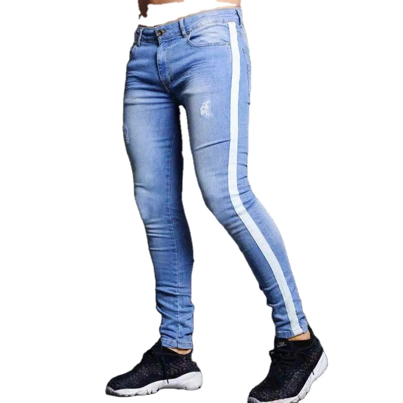 

Man Jeans Fashion Trend Knee Hole Explosion Stretchly With Stripe Denim Slim Fit Pants Men Jeans