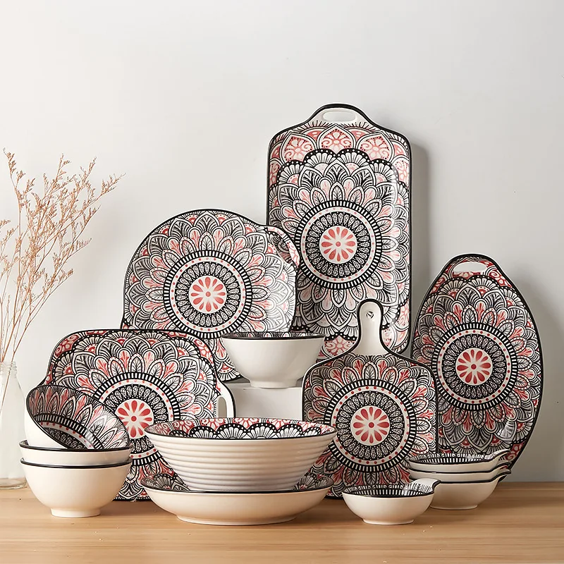 

Moroccan Bohemian Style Ceramic Round Bowl Porcelain Oval Plate Platos Tableware Dinner Dish Dinnerware Set