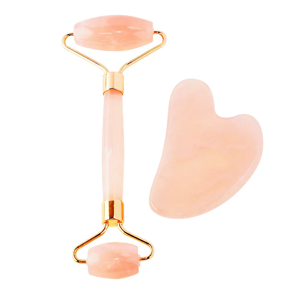 

Natural Stone Facial Massager Pink Rose Quartz Beauty High Quality Therapy Jade Roller set