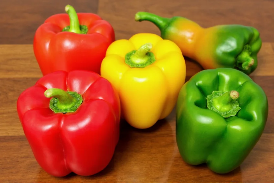 Close-up view of various pepper vegetable types showing red, yellow, and green bell peppers alongside jalapeño and habanero varieties on wooden table