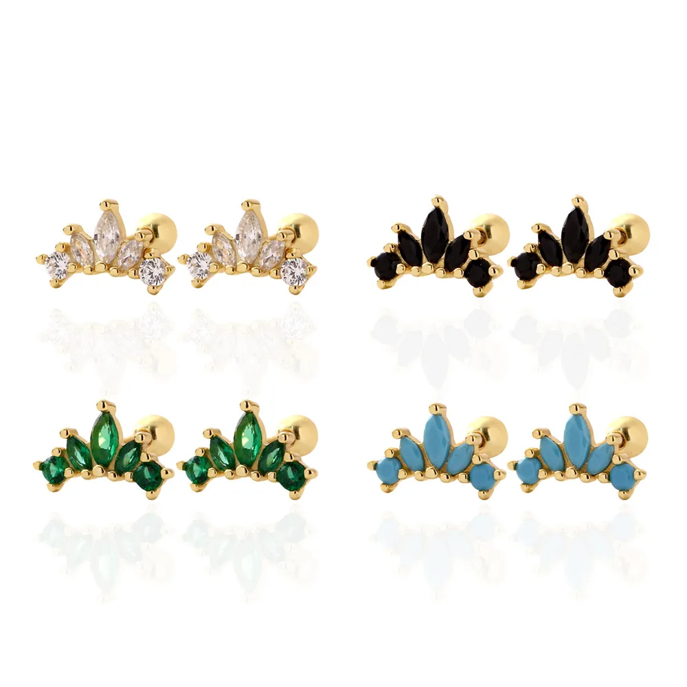 S925 Sterling Silver Jewelry Fan Shaped Screw Stud Earrings Minimalist Blue Turquoise Black White Cz Diamond Stud Earrings Women