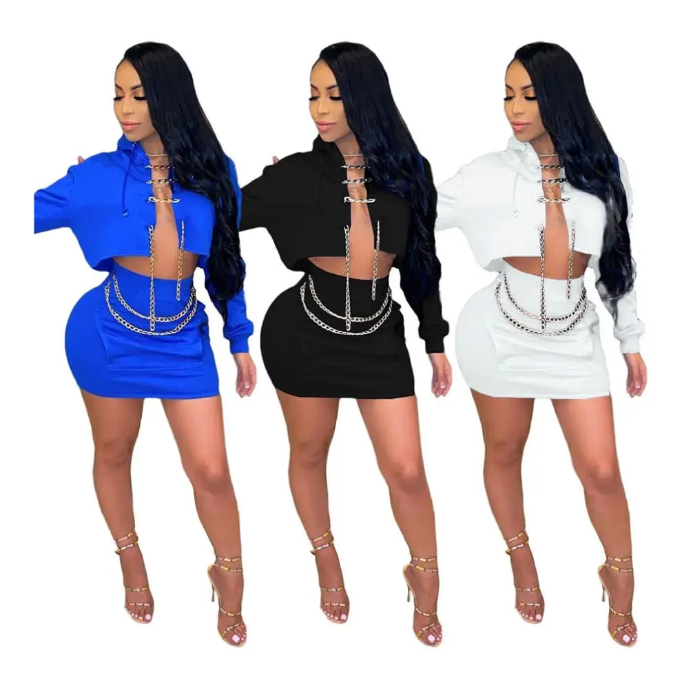 

livingfun CH7553 women clothing cool sexy girls chain hooded top and short skirt mini suit two piece set