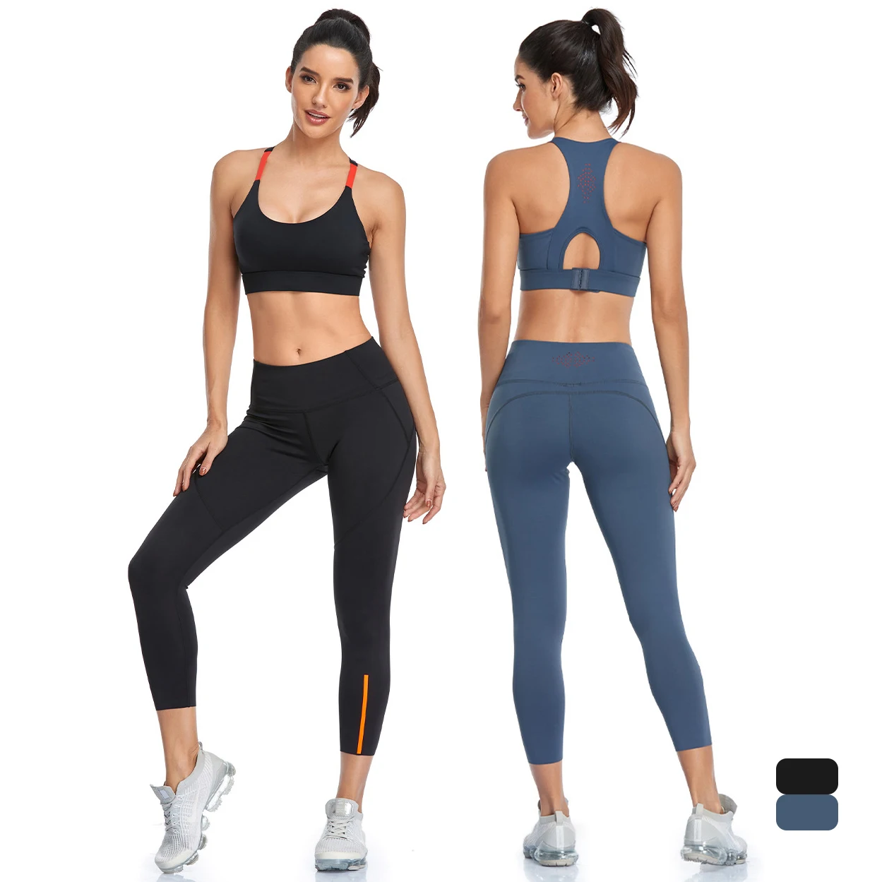 Custom Top Quality Workout Contrast Color Yoga Sets Women Cross Back Running Bra And Leggings Set