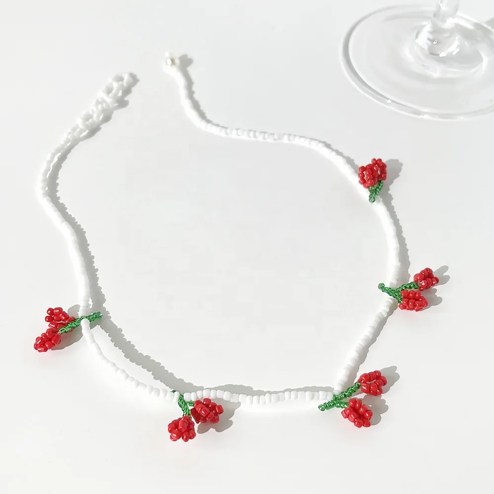 

N0506 women acrylic red flower bead necklaces Boho sweet strawberry thin necklace beautiful girl vintage jewelry