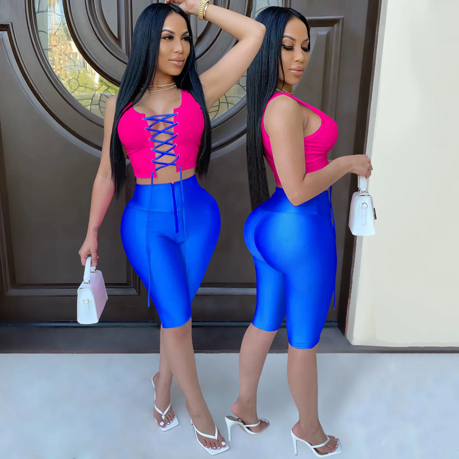 

fashion sexy tight Lace-Up Hollow Outfits two pieces women 2020 2 piece set