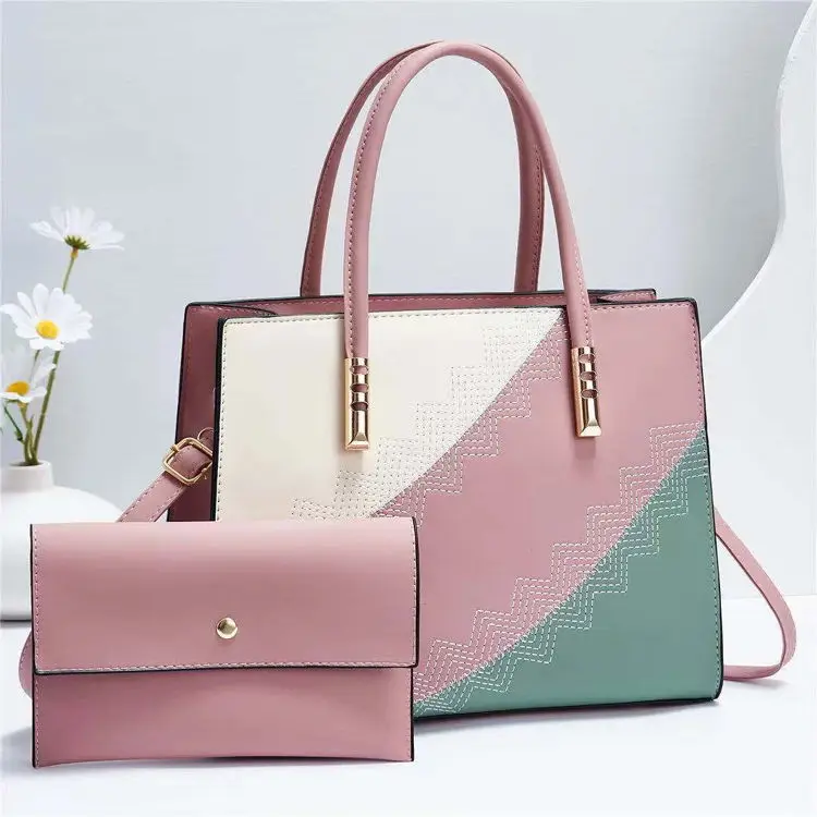 

2 PCS Wholesale Women Fashion Synthetic Leather Contrast Sac A Main Femma Tote handbag and Clutch Purse Ladies Bag Set