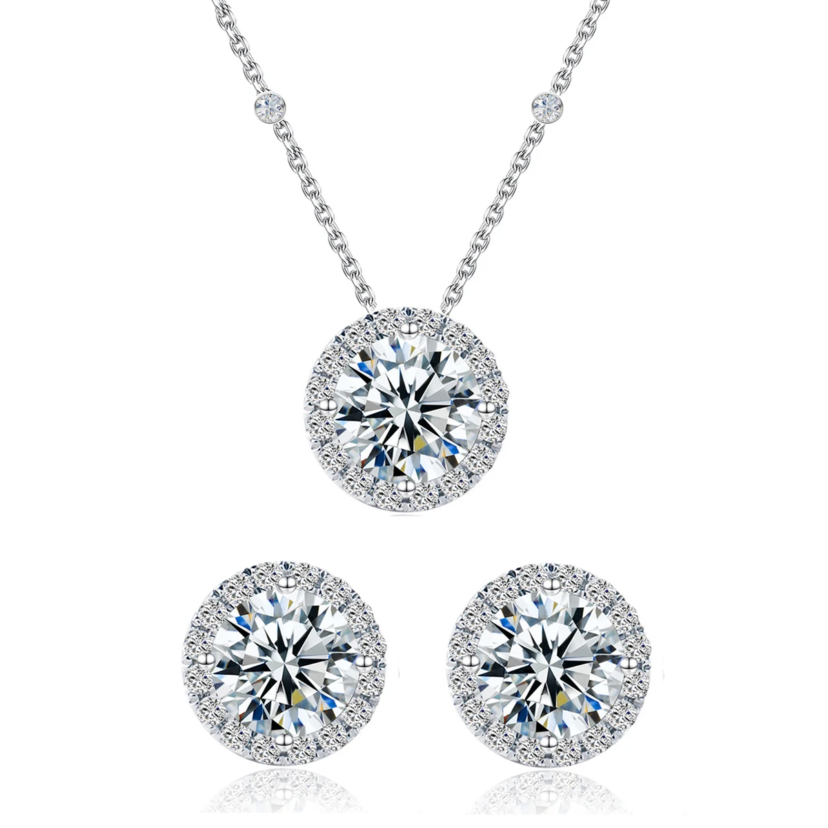 Classic Design 8mm Cubic Zirconia Diamond Stud Earrings and Necklace Fine Jewelry 925 Sterling Silver Women Jewelry Set
