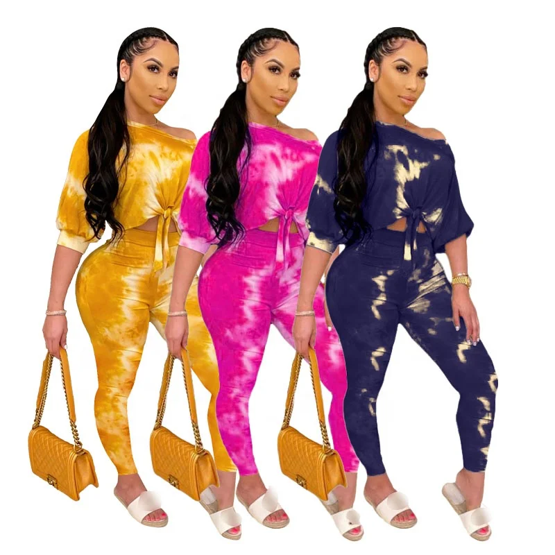 

JJ217007 Fashion Cotton Blends Outfits Daily Print Tie Dye Straight Crop Top Half Sleeve Fall Two Pieces Sets Women Fall Apparel, As picture shows