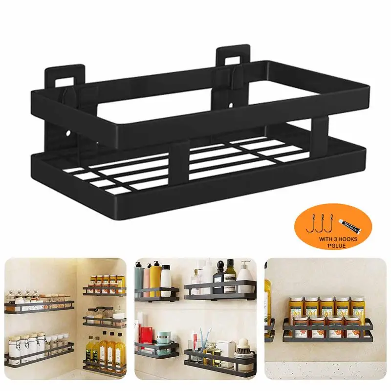 

Kitchen Wall Mounted Spice Rack Organizer Seasoning Shelf Stainless Steel Storage Rack Holder For Kitchen With 3 Hooks