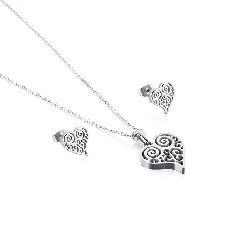 

Beautiful Elegant Women Stainless Steel Pendant Necklace Hollow Heart Long Chain Necklace Earring Set, Gold,sliver