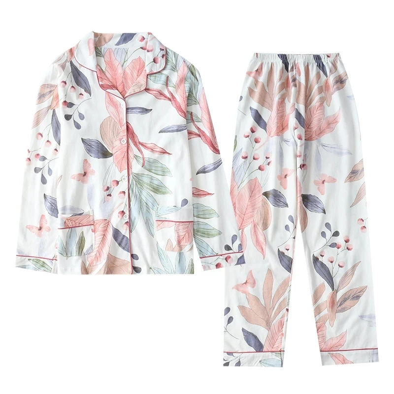 

New Design Women Long Sleeve Pajama Set 100% Cotton Knitted Nightwear Leaves Printing Loungewear Sleepwear, Customized color