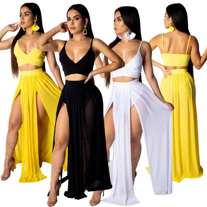 

Summer Women 2 Piece Outfit Dress Chiffon Strap V Neck Crop Top High Waist Two Panel Double Slit Chiffon Maxi Skirt Set