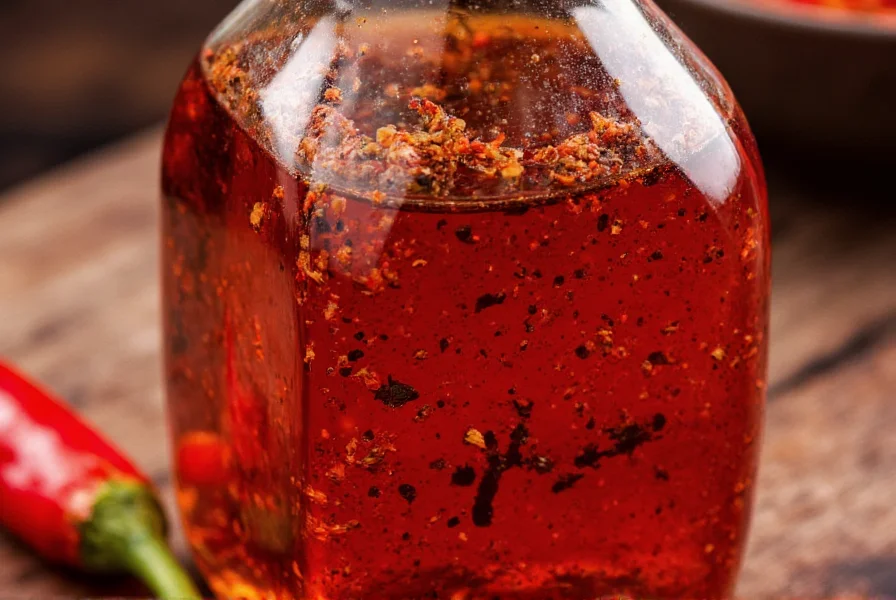 Close-up of traditional Chinese chili oil in glass bottle with red oil and chili flakes visible