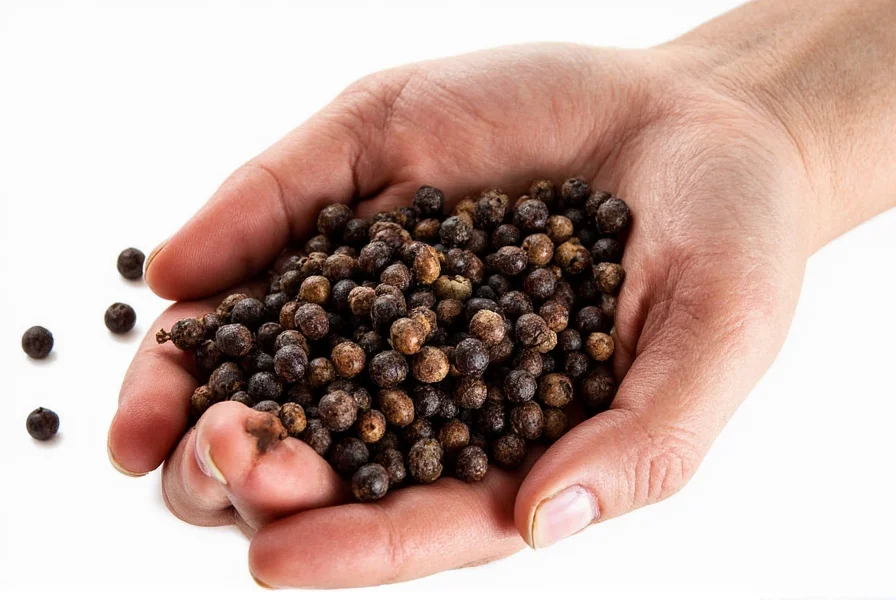 Close-up view of black peppercorns showing their wrinkled texture and dark color on a wooden cutting board