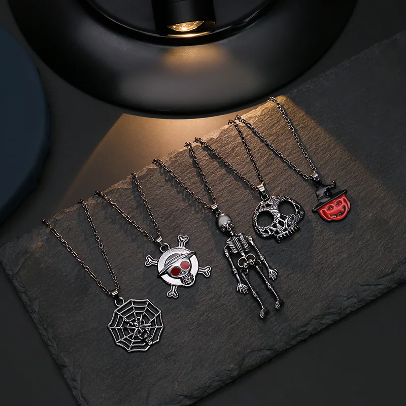 

2021 New Arrival Long Sweater Chain Necklace Bat Pumpkin Skeleton Skull Ghost Necklace Punk Halloween Necklace for Unisex, Steel color