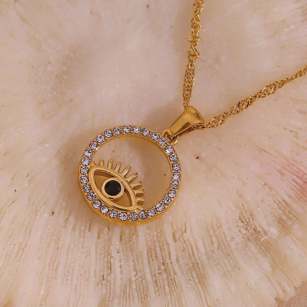 

Shining AAA Zircon Hollow Out Evil Eye Necklace 18K Gold Plated Stainless Steel Water-wave Chain Necklace