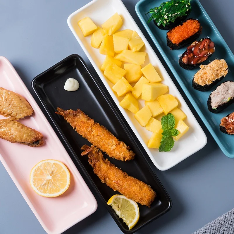 

Wholesale European Dumb Ceramic Long Tray Serving Plate Rectangular Dish, Blue/yellow/black/white/pink