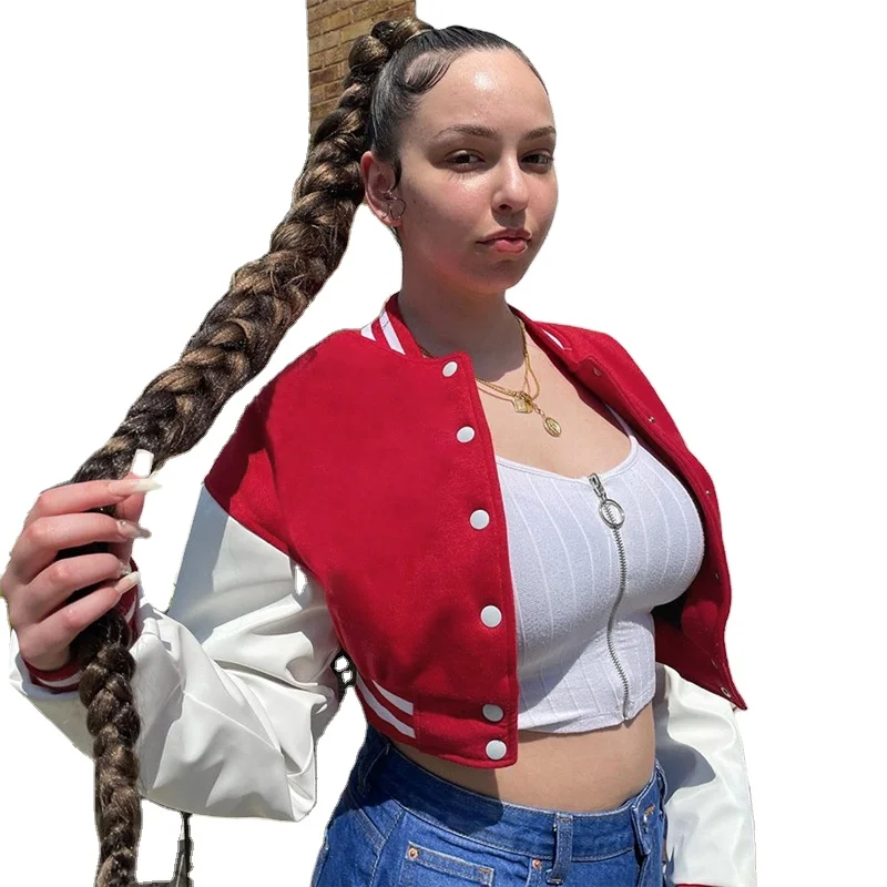 

Coustom logo fall clothing 2021 Botton Striped Long Slevee cropped Baseball Jacket Women's Coats, Picture