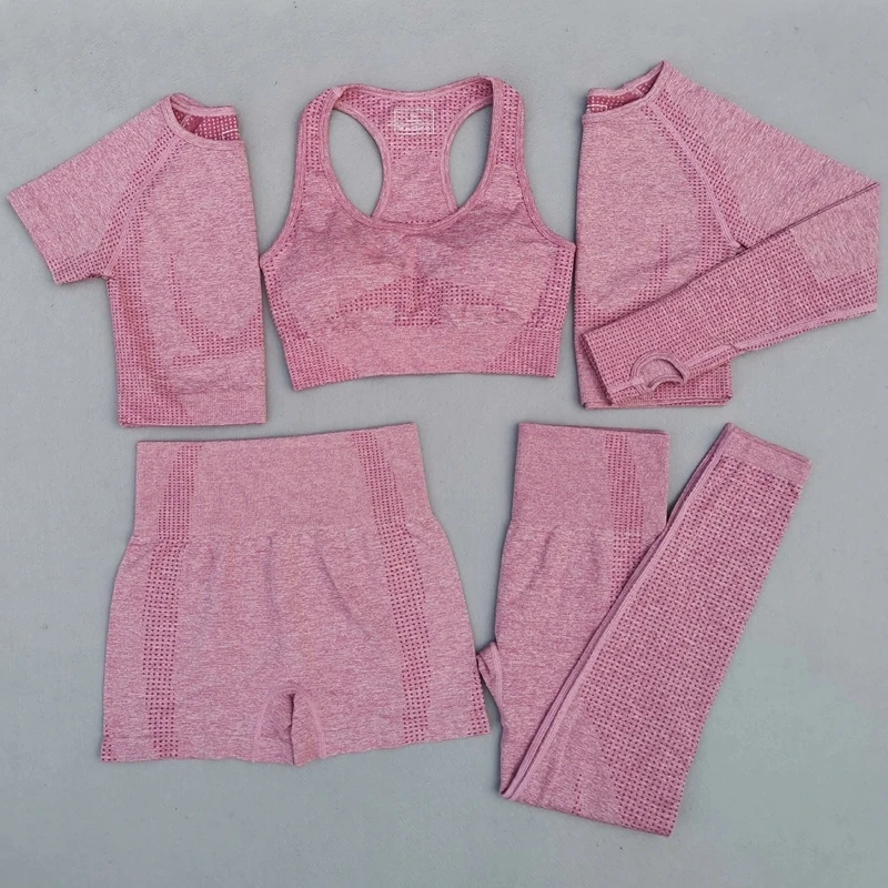 

2021 lady Seamless Yoga Set Fitness Sports 5 Piece Gym Clothing Women Gym Yoga Set high waist Sets Yoga Top And Sportswear Suit, Custom choose