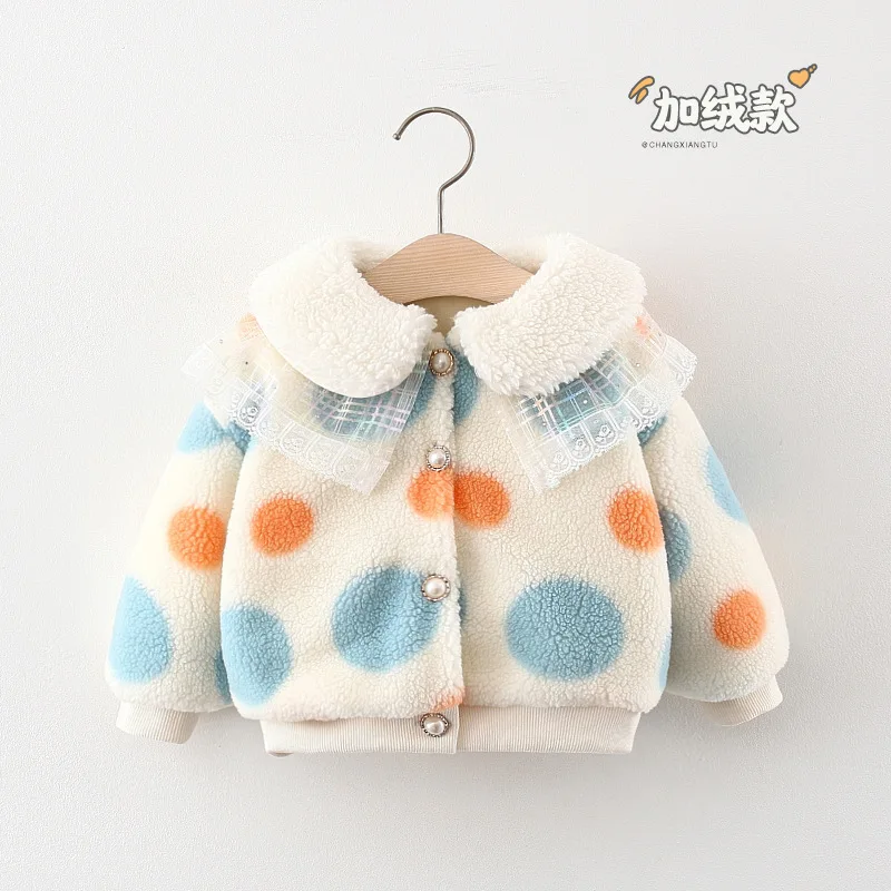 

Children clothing wholesale autumn and winter style circle printing baby girls lace collar thick coat