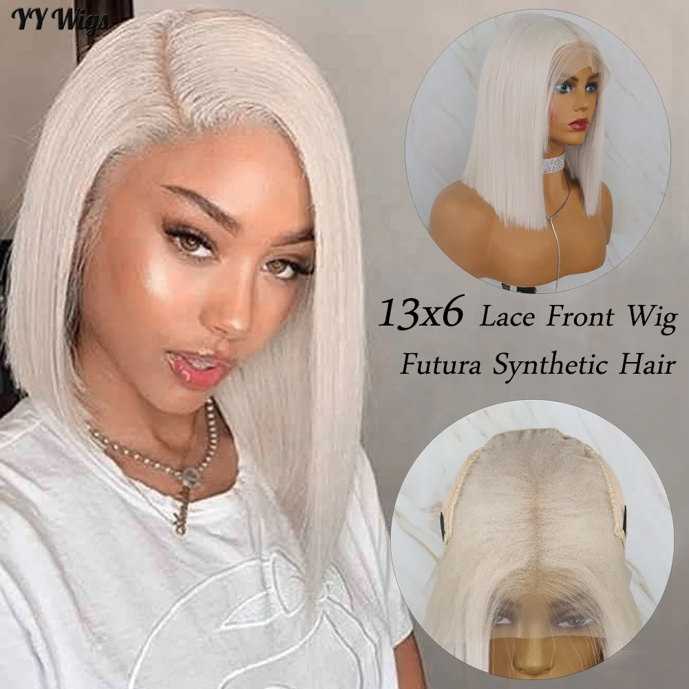 

#60 Platinum Blonde Bob Wig Futura Fiber 13x6 Lace Front Synthetic Wig for Women, Pic showed