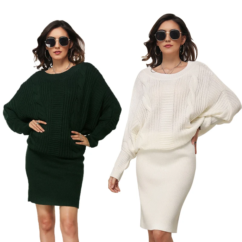 

Women button clothing wholesale bat sleeve sweater two piece set women long pullover sweater dress, Balck and green