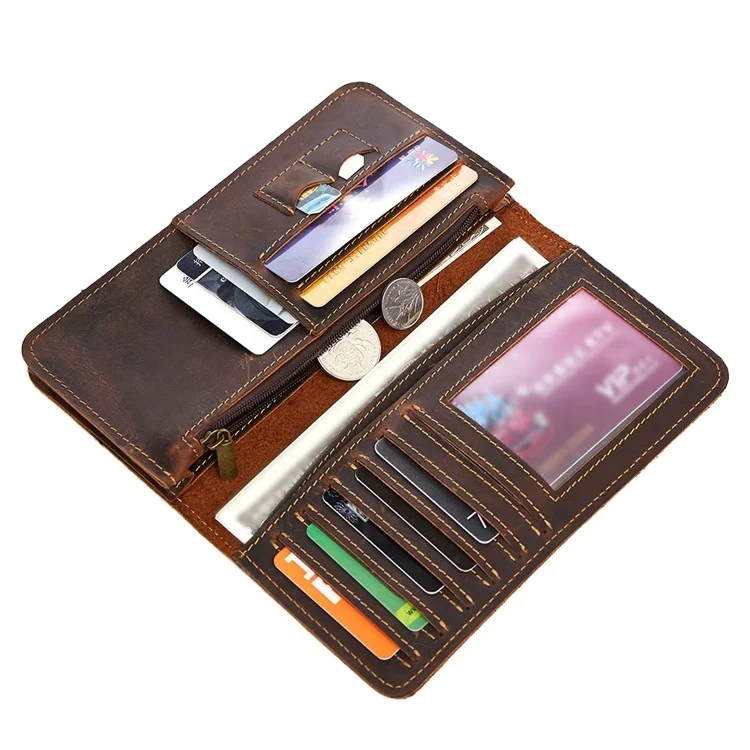 

Wholesale Vintage Brown Crazy Horse Long Size Leather Wallet Purse Card Holder Genuine Leather Wallet Zipper For Men, Black,coffee, green, blue,brown