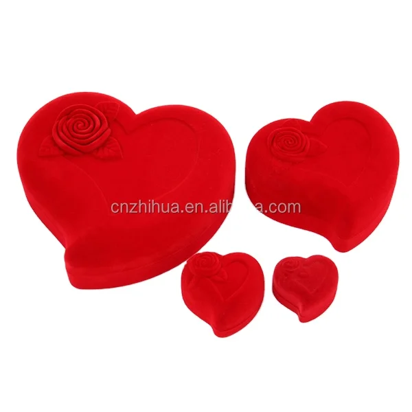 

High Quality Velvet Jewelry Packing Box Marriage Engagement Heart Shape Flocking Red Ring Earing Jewelry Box In Stock