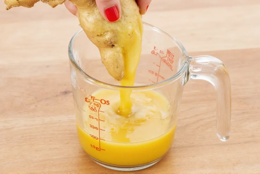 Fresh ginger root being juiced with visible golden liquid in glass measuring cup