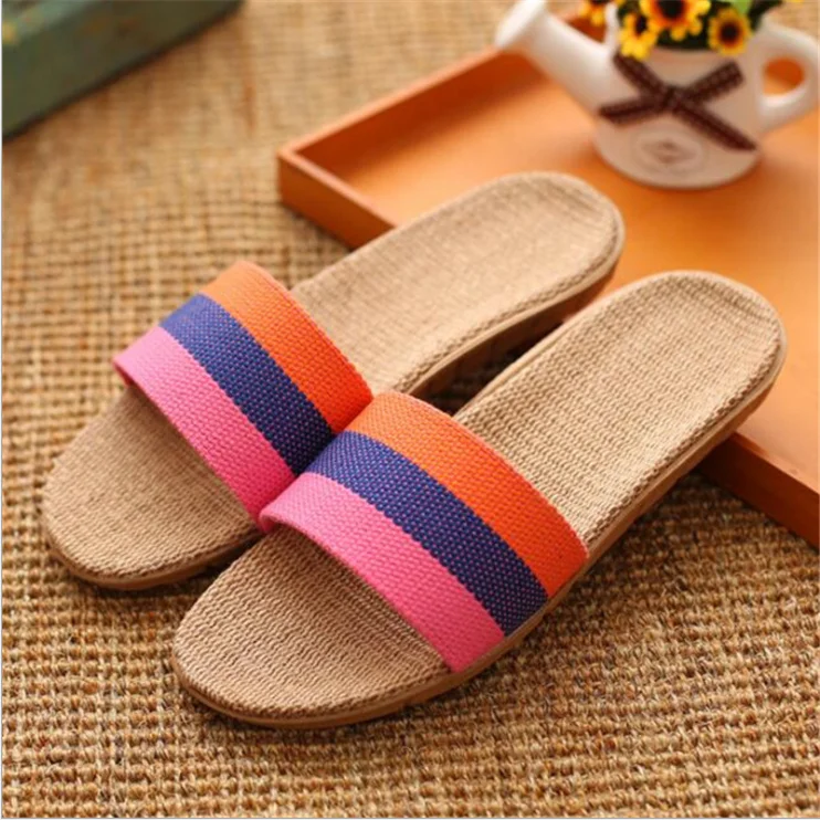 

Women's Men's Casual Flax Linen Open Toe House Home Indoor Slipper Flat Slides Sandals For Men and women, Yellow pink purple, pink purple orange, orange purple red,