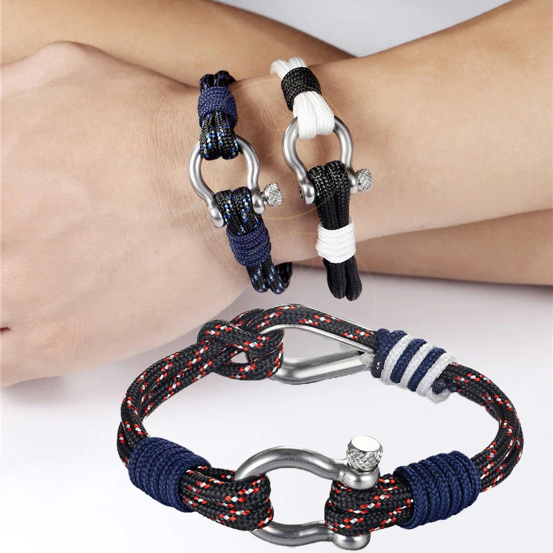 

Summer Style Fashion Sport Parachute Navy Blue Cord Men Women Nautical Survival Equestrian Horseshoe Buckle Rope Chain Bracelet