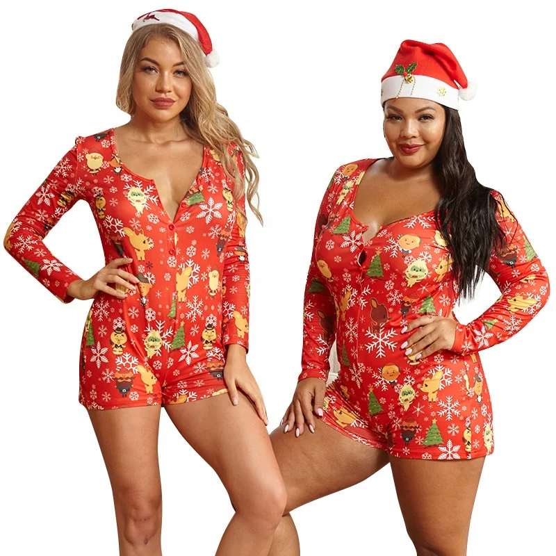 

9074 Amazon Sexy Cute Long Sleeve Homewear Plus Size Christmas Onesie for Women, 3 colors: red-snow, red-star, black