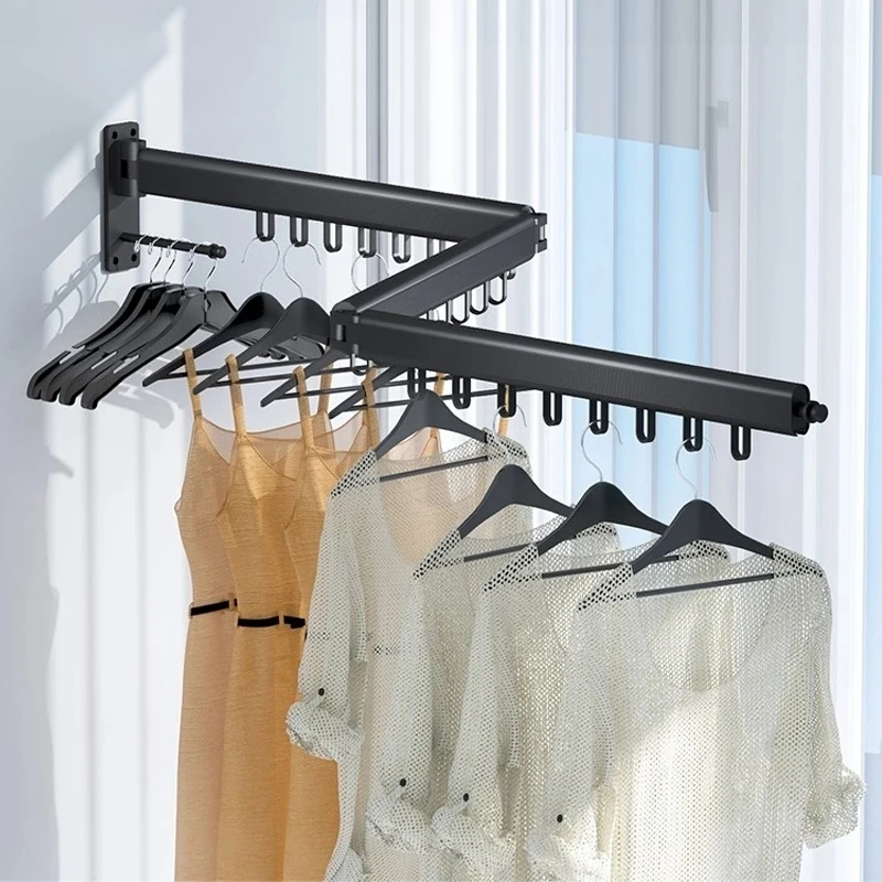 

Aluminum alloy folding black clothes rail bathroom balcony movable single and double multi-pole with hook drying rack