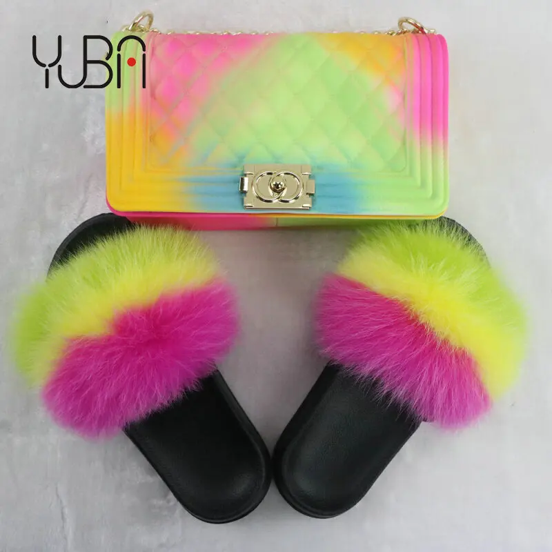 

Top Selling sandals and bag set wholesale New Arrivals Colorful Handbag Jelly Bag and fur slides 2021 Ladies purse and shoe