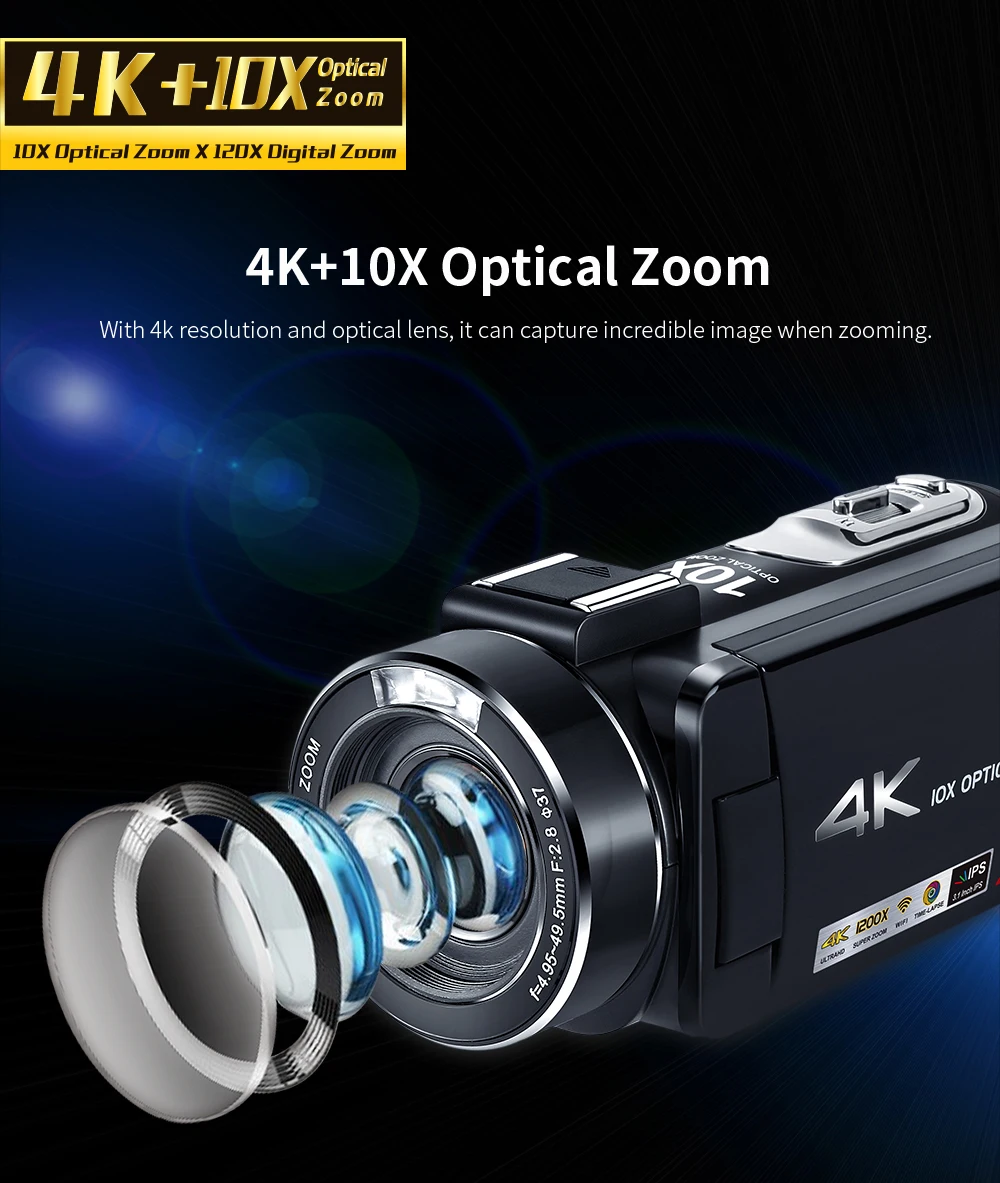 
AC7 10X Optical Zoom Conference Vlog Hunting Wedding 4K UHD Professional Video Camera 