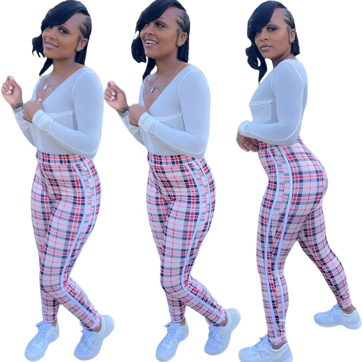 

Wide Leg For Indonesian Casual Elastic Plaid Beach Coverup Women Hot Neon Plus Size High Waist Black And Grey Stacked Pants, As shown