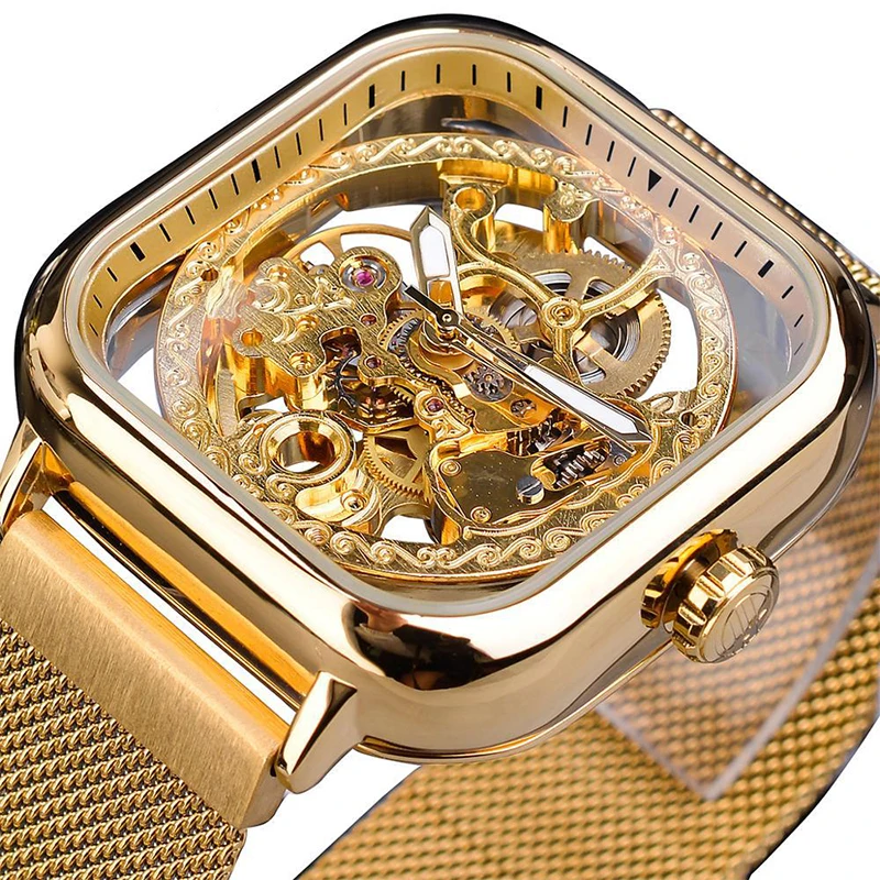 

Luxury Gold Stainless Steel Skeleton Automatic Mechanical Watches Men Custom Logo