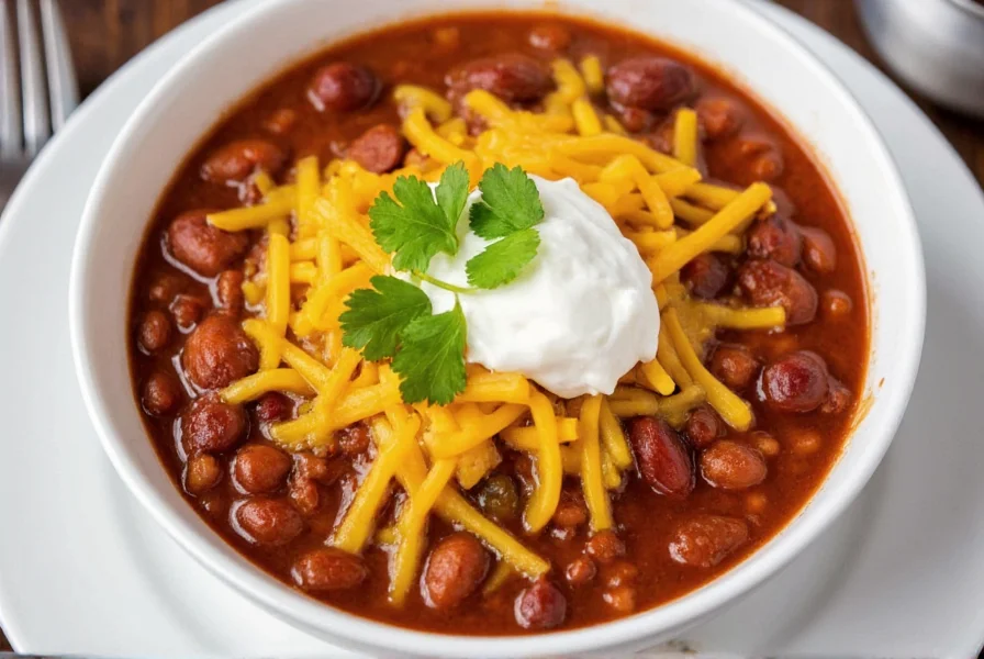 Finished bowl of easy homemade chili with melted cheddar cheese, sour cream, and fresh cilantro garnish