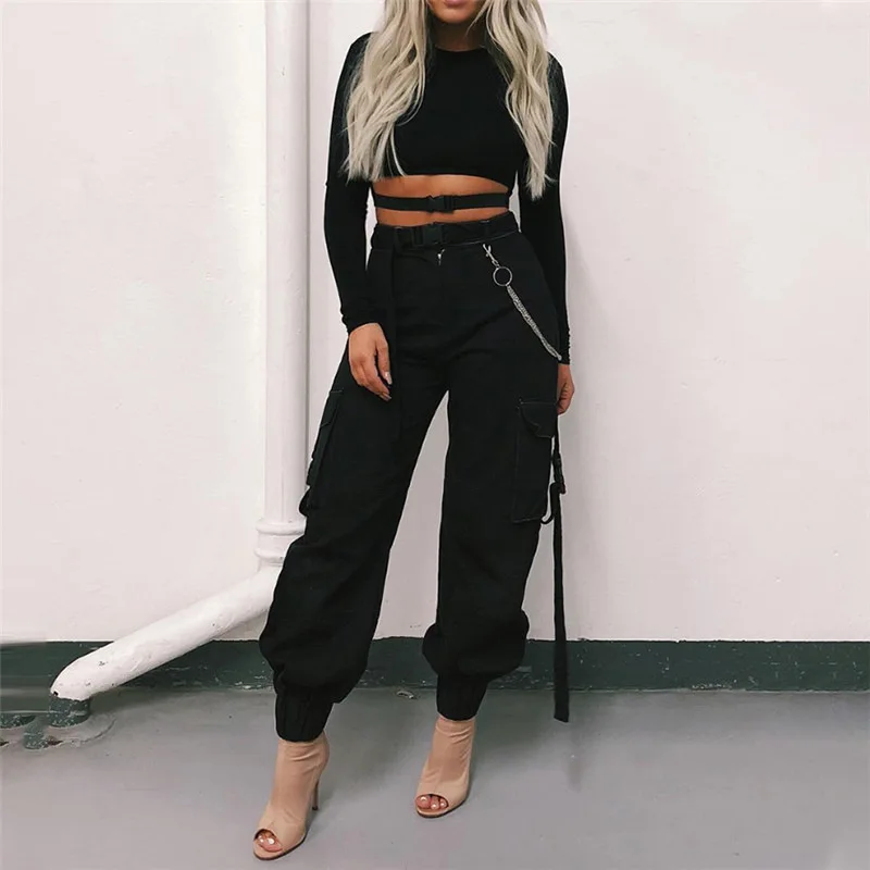 

women's casual pants with ribbons buckle cargo pants for ladies