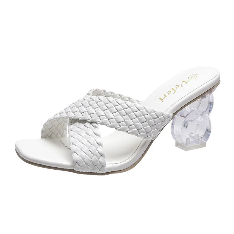 

2022 Hot Sale New Crystal Heel High Heel Slippers Female One-line Cross Braided Belt Female Sandals Women Slippers Wholesale